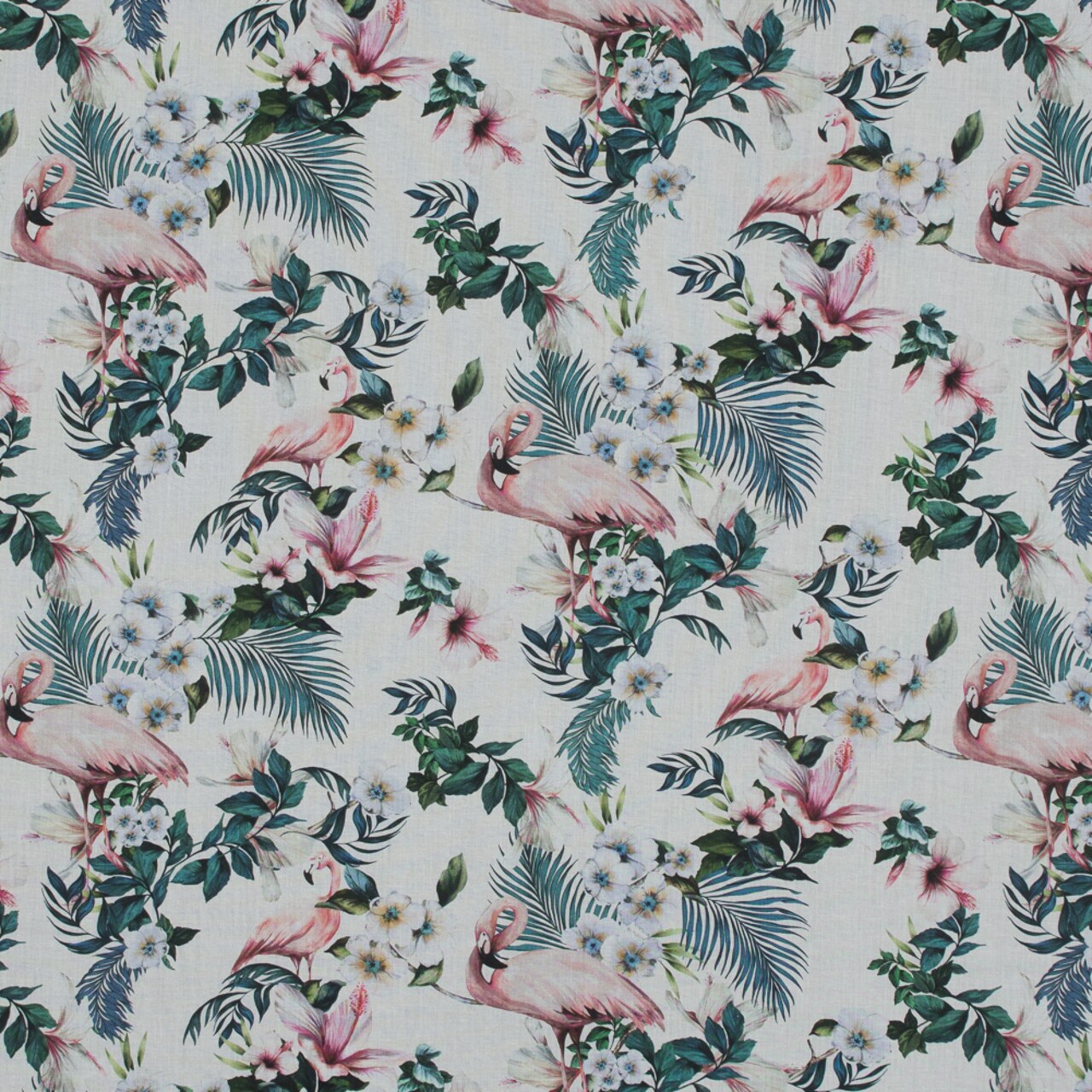 1 Yard White Flamingos and Leaves Cotton Voile Balance of Unity Print Semi Sheer Fabric